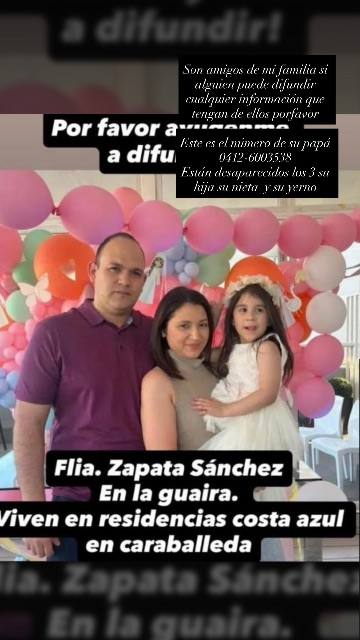 Foto de Maylin Sánchez , su hija Isabella zapata y su esposo libardo zapata