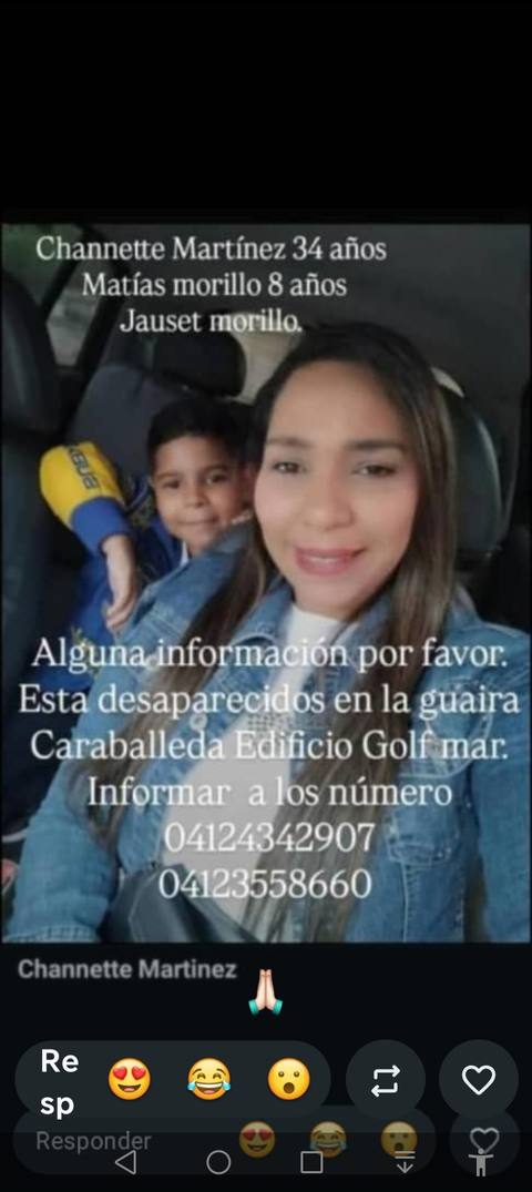 Foto de Channette, hijo y esposo Martínez morillo