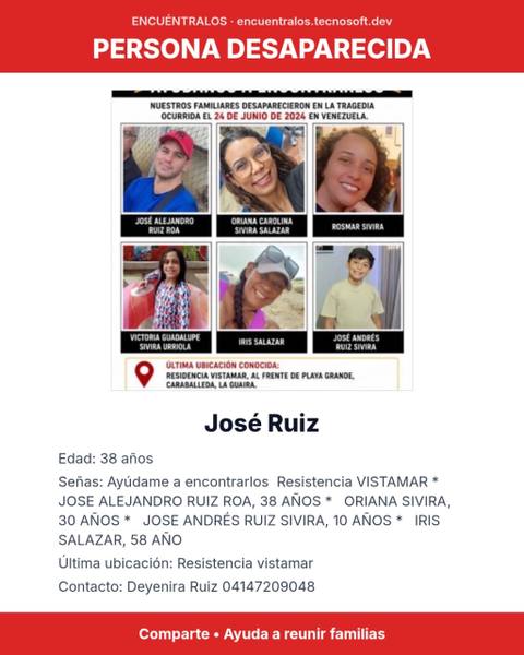 Foto de Jose Alejandro Ruiz de 39 años Oriana Sivira de 30 años Jose Andrés Ruiz de 10 años Rosmar Sivira de 35 años Iris Salazar de 55 años  Victoria Guadalupe Sivira de 9 años